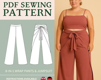 8-in-1 Palazzo Wrap Pants & Halter Top Jumpsuit PDF Pattern, Wide Pants Pattern, Size Inclusive US Sizes 10-18 (uk/aus 14-22) Instant PDF