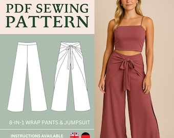 8-in-1 Palazzo Wrap Pants, Jumpsuit Top, Skirt PDF Pattern, Wide Pants Pattern, Size Inclusive US Sizes 2-10 (uk/aus 6-14) Instant Download