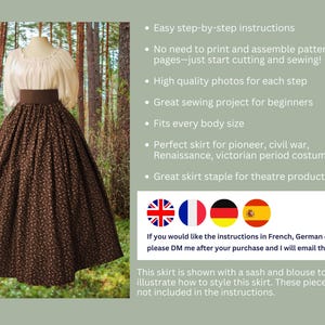 May include: A brown and white patterned skirt with a black belt. The skirt is shown with a white blouse and a sash, but these are not included in the instructions. The instructions are available in English, French, German, and Spanish.