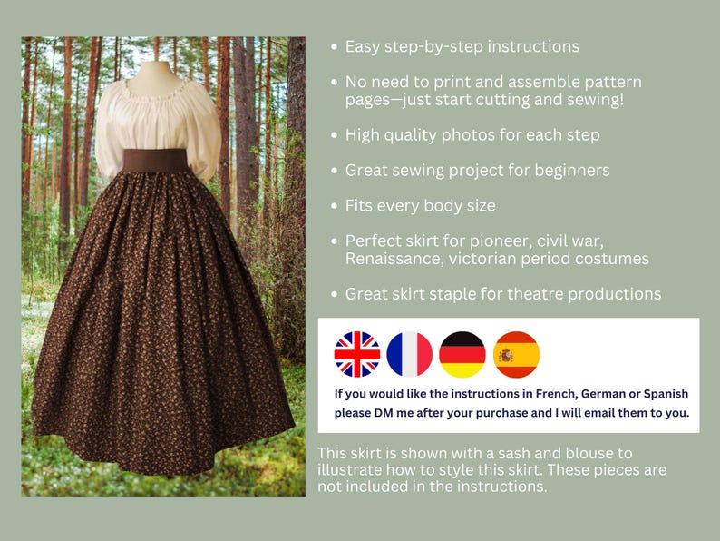 May include: A brown and white patterned skirt with a black belt. The skirt is shown with a white blouse and a sash, but these are not included in the instructions. The instructions are available in English, French, German, and Spanish.