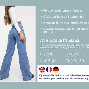 Wide Leg Pants PDF Pattern Jeans Pattern, Digital Pdf Sewing Pattern, High Waisted Wide Leg Trousers, Flare Pants, Size Inclusive Pattern image 2