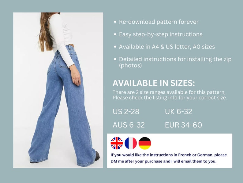Wide Leg Pants PDF Pattern Jeans Pattern, Digital Pdf Sewing Pattern, High Waisted Wide Leg Trousers, Flare Pants, Size Inclusive Pattern image 2