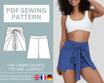 3-in-1 Wrap Shorts & Halter Top Jumpsuit PDF Pattern, Shorts Pattern, Size Inclusive US Sizes 2-10 (uk/aus 6-14) Instant Download