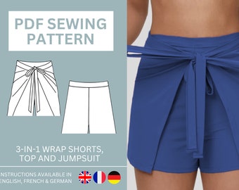 3-in-1 Wrap Shorts & Halter Top Jumpsuit PDF Pattern, Shorts Pattern, Size Inclusive US Sizes 10-18 (uk/aus 14-22) Instant Download
