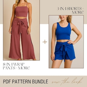 May include: A PDF pattern bundle showcasing two outfits: a mauve wrap pants set and a blue wrap shorts set. The pants set includes a crop top and wide-leg trousers. The shorts set includes a crop top and wrap shorts. Text on the image reads "3-IN-1 SHORTS + MORE" and "8-IN-1 WRAP PANTS + MORE".