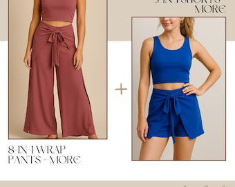 8-in-1 Palazzo Wrap Pants & Halter Top Jumpsuit PDF Pattern, Sewing Pattern Bundle, 3-in-1 Wrap Shorts Sewing Pattern, Pants Sewing Pattern