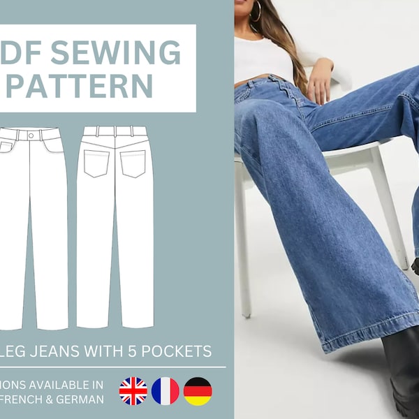 Weites Bein PDF Pattern - Jeans Schnittmuster, Digitales Pdf Schnittmuster, Hoch taillierte Hose mit weitem Bein, Schlaghose, Größe inklusive Schnittmuster