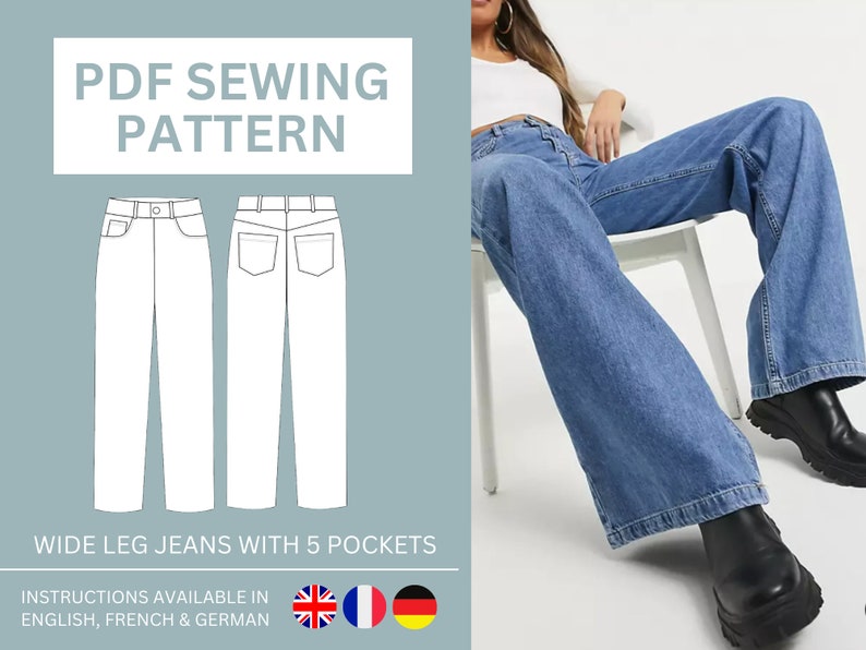 Wide Leg Pants PDF Pattern Jeans Pattern, Digital Pdf Sewing Pattern, High Waisted Wide Leg Trousers, Flare Pants, Size Inclusive Pattern image 1