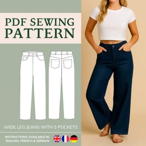 Wide Leg Pants PDF Pattern - Jeans Pattern, Digital Pdf Sewing Pattern, High Waisted Wide Leg Trousers, Flare Pants, Size Inclusive Pattern