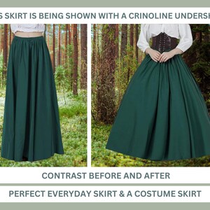May include: A green skirt shown with and without a crinoline underskirt. The text "This skirt is being shown with a crinoline underskirt" is at the top of the image. The text "Contrast before and after" is in the middle of the image. The text "Perfect everyday skirt & a costume skirt" is at the bottom of the image.