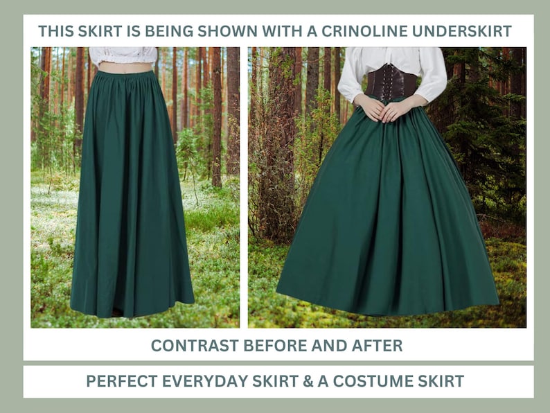 May include: A green skirt shown with and without a crinoline underskirt. The text "This skirt is being shown with a crinoline underskirt" is at the top of the image. The text "Contrast before and after" is in the middle of the image. The text "Perfect everyday skirt & a costume skirt" is at the bottom of the image.