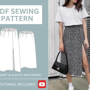 Midi Skirt with Elastic Waistband Sewing Pattern | US Sizes 2-18 (AUS 6-22) | Instant Download | Easy Digital PDF | Isla Midi Split Skirt