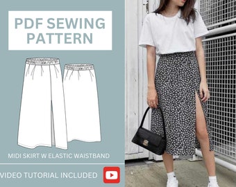 Midi Skirt with Elastic Waistband Sewing Pattern | US Sizes 2-18 (AUS 6-22) | Instant Download | Easy Digital PDF | Isla Midi Split Skirt