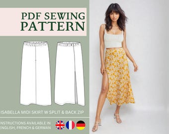 Midi Skirt Sewing Pattern | US Sizes 2-8 (uk/aus 6-12) | Instant Download | Easy digital PDF | Isabella Midi Slit skirt