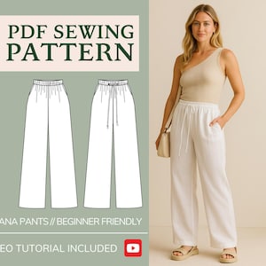 Pants Sewing Pattern PDF, Easy Sewing Pattern for Women's Linen Pants, High Waisted Wide-Leg Pants Trousers, Beginner Sewing Pattern