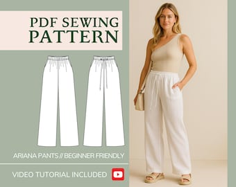 Pants Sewing Pattern PDF, Easy Sewing Pattern for Women's Linen Pants, High Waisted Wide-Leg Pants Trousers, Beginner Sewing Pattern
