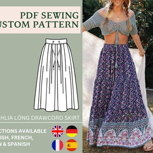 May include: PDF sewing pattern for a long, white, drawstring skirt called the Dahlia. The pattern includes instructions in English, French, German, and Spanish.