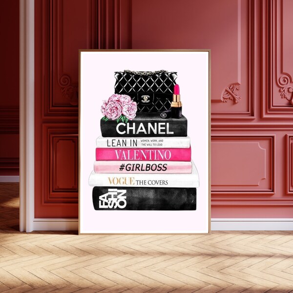 Chic Chanel & Valentino Book Stack: Elevate Your Space with Luxury Digital Art Print - Perfect for Stylish Interiors!