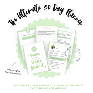 Puede incluir: Un planificador imprimible verde y blanco con el texto "The Ultimate 30 Day Planner" y "Success Belongs to Those Who Dare to Achieve It".