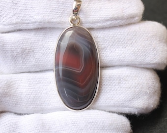 Botswana Agate Pendant 925 Sterling Silver | Natural Banded Gemstone Necklace | Handmade Statement Jewelry.