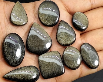 Golden Obsidian Cabochon Lot Natural Stone, AAA Quality Golden Sheen Obsidian for Jewelry Making Carat -166