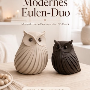May include: Two owl figurines, one cream and one dark brown, featuring a textured, ribbed design and smooth, round black eyes. The text "Modernes Eulen-Duo", "Minimalistische Deko aus dem 3D-Druck", and "Stilvoll • Zeitlos • Geschenkidee" is visible.