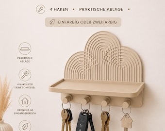 Solid color key rack with shelf | Minimalist key holder with 4 hooks | Japandi hallway organizer | also available in two colors