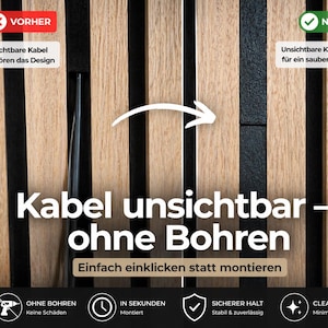 Op de afbeelding: Een close-up van een houten paneelontwerp met afwisselende lichte en donkere verticale strepen. De afbeelding bevat Duitse tekst die de mogelijkheid van het product benadrukt om kabels zonder boren te verbergen, voor een strakke, moderne uitstraling.
