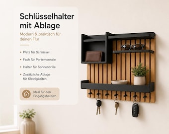 Modern wall organizer with key hooks, shelf, wallet compartment & sunglasses holder, key holder, hallway organizer, key rack
