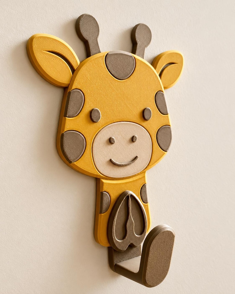 May include: A wall-mounted hook shaped like a cartoon giraffe head and neck. The giraffe is yellow with brown spots, brown ossicones, and a light beige muzzle. A brown hook extends from the bottom, featuring a heart-shaped detail on the front.