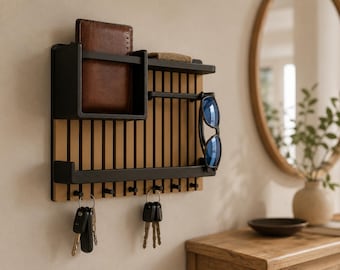 Modern wall organizer with key hooks, shelf, wallet compartment & sunglasses holder, gift, hallway organizer, key rack