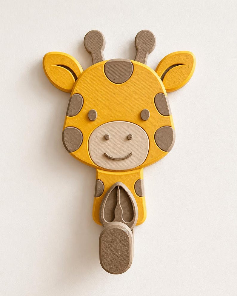 May include: A wall-mounted hook shaped like a cartoon giraffe head. The giraffe is yellow with brown spots, brown ossicones, and a light beige muzzle. Below the head, a brown hook extends outward, featuring a textured surface and a rounded end.