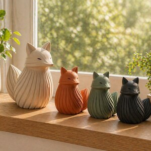 K&ouml;nnte beinhalten: Vier dekorative Fuchsfiguren in verschiedenen Farben: Off-White, Orange, Gr&uuml;n und Schwarz. Jeder Fuchs hat ein stilisiertes Design mit strukturiertem K&ouml;rper und geschlossenen Augen. Sie sind auf einer Holzfensterbank in der N&auml;he von Pflanzen angeordnet.