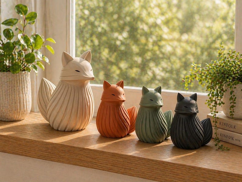 K&ouml;nnte beinhalten: Vier dekorative Fuchsfiguren in verschiedenen Farben: Off-White, Orange, Gr&uuml;n und Schwarz. Jeder Fuchs hat ein stilisiertes Design mit strukturiertem K&ouml;rper und geschlossenen Augen. Sie sind auf einer Holzfensterbank in der N&auml;he von Pflanzen angeordnet.