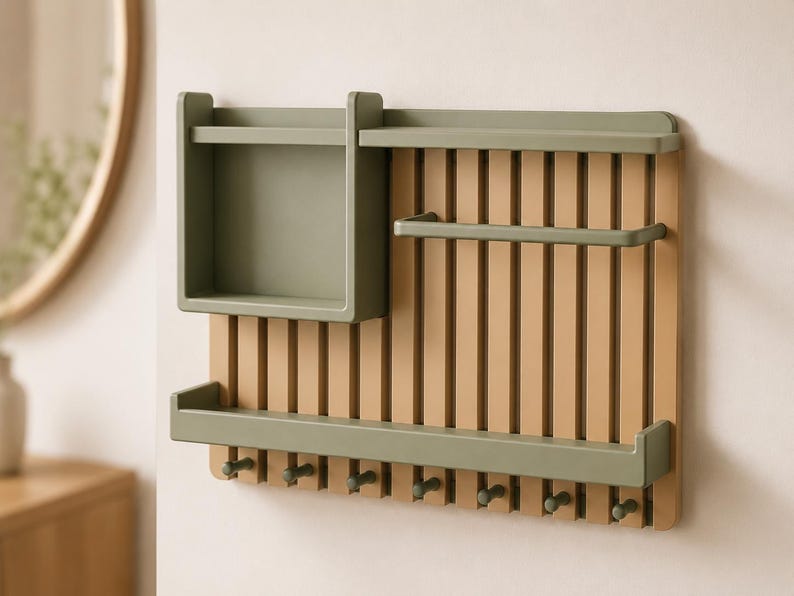 May include: A wall-mounted organizer featuring a light brown slatted back panel with olive green accents. It includes a top shelf, a deep storage box, a horizontal bar, a bottom ledge, and eight small pegs along the base for hanging items.