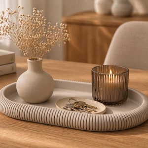 May include: A decorative tray holds a small vase with dried flowers, a lit candle in a ribbed glass, and a small dish with keys. The tray is oval-shaped with a textured, ridged border. The items are arranged on a wooden table.