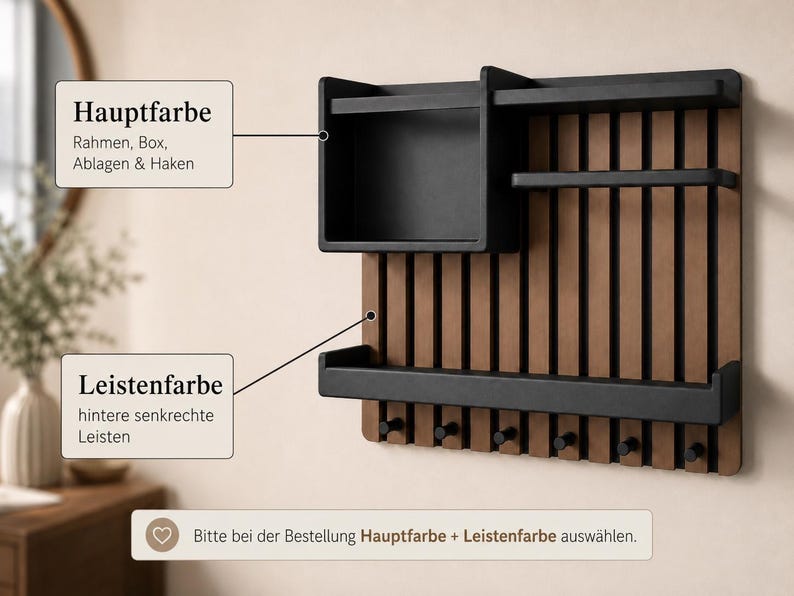 May include: A wall-mounted organizer featuring a black frame, box, shelves, and hooks attached to a vertical slat backboard. Text labels indicate color options for the frame and slats, with a note to select colors when ordering.