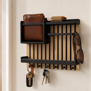 Modern wall organizer with key hooks, shelf, wallet compartment & sunglasses holder, gift, hallway organizer, key rack image 9