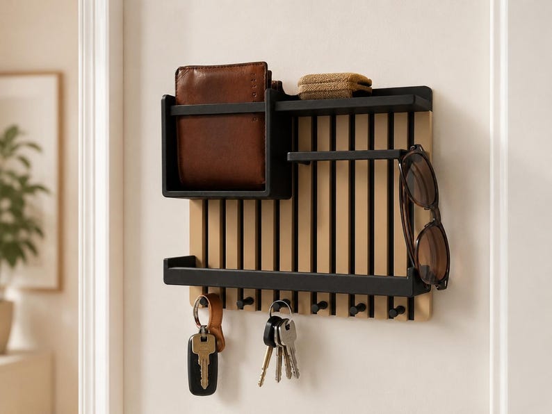 Modern wall organizer with key hooks, shelf, wallet compartment & sunglasses holder, gift, hallway organizer, key rack image 9