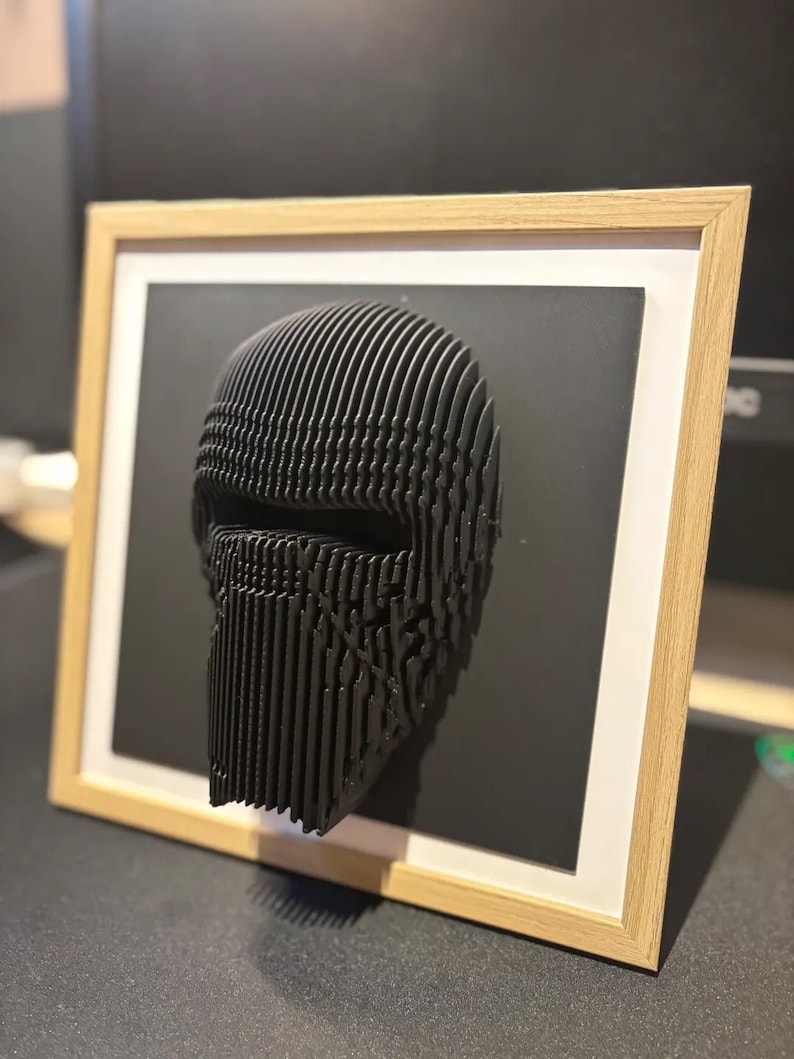Puede incluir: Una escultura en 3D impresa en negro de una cara, enmarcada en un marco de madera clara. La escultura est&aacute; hecha de muchas capas de material delgado, creando un efecto texturizado.