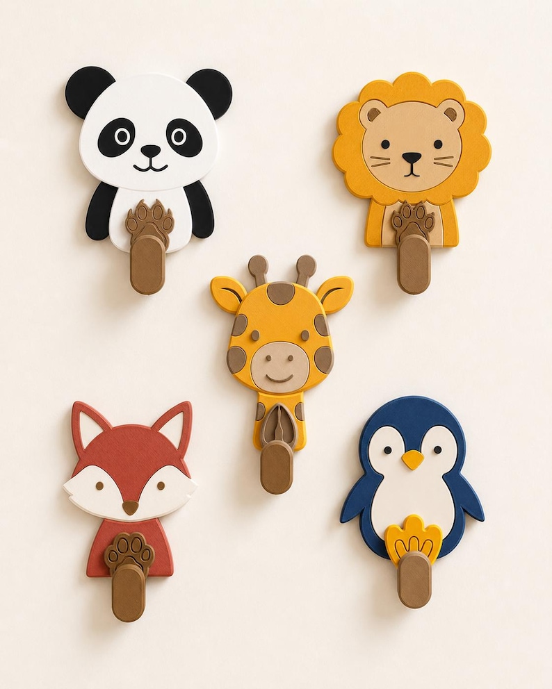 May include: A set of five animal-shaped wall hooks featuring a panda, lion, giraffe, fox, and penguin. Each hook displays a colorful character face with a brown, rectangular hook extending from the bottom, designed for hanging small items.