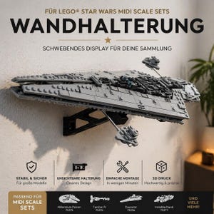 Può includere: Un modello grigio Lego Star Wars Millennium Falcon montato su una staffa da parete nera. Il testo sull'immagine dice "Wandhalterung" e "schwebendes display für deine sammlung". L'immagine mostra anche altri modelli Lego Star Wars.