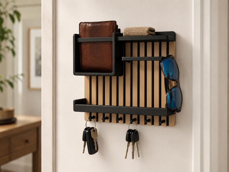 May include: A wall-mounted organizer featuring a light wood slatted back panel with black metal shelves and hooks. The unit holds a brown leather wallet, a small tan cloth, a pair of blue-tinted sunglasses, and two sets of metal keys on rings.