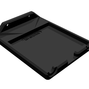 Puede incluir: Una estanter&iacute;a de pared negra y rectangular con una bandeja empotrada y una secci&oacute;n trasera elevada. La secci&oacute;n trasera tiene dos agujeros circulares y un dise&ntilde;o triangular. El texto "layerprint" es visible en la bandeja.
