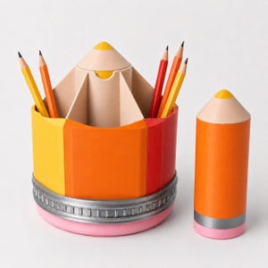 May include: A multi-compartment pencil holder shaped like a large pencil with yellow, orange, and red panels, a silver metal band, and a pink base. Beside it stands a smaller, cylindrical orange pencil-shaped container with a pink base and silver band.