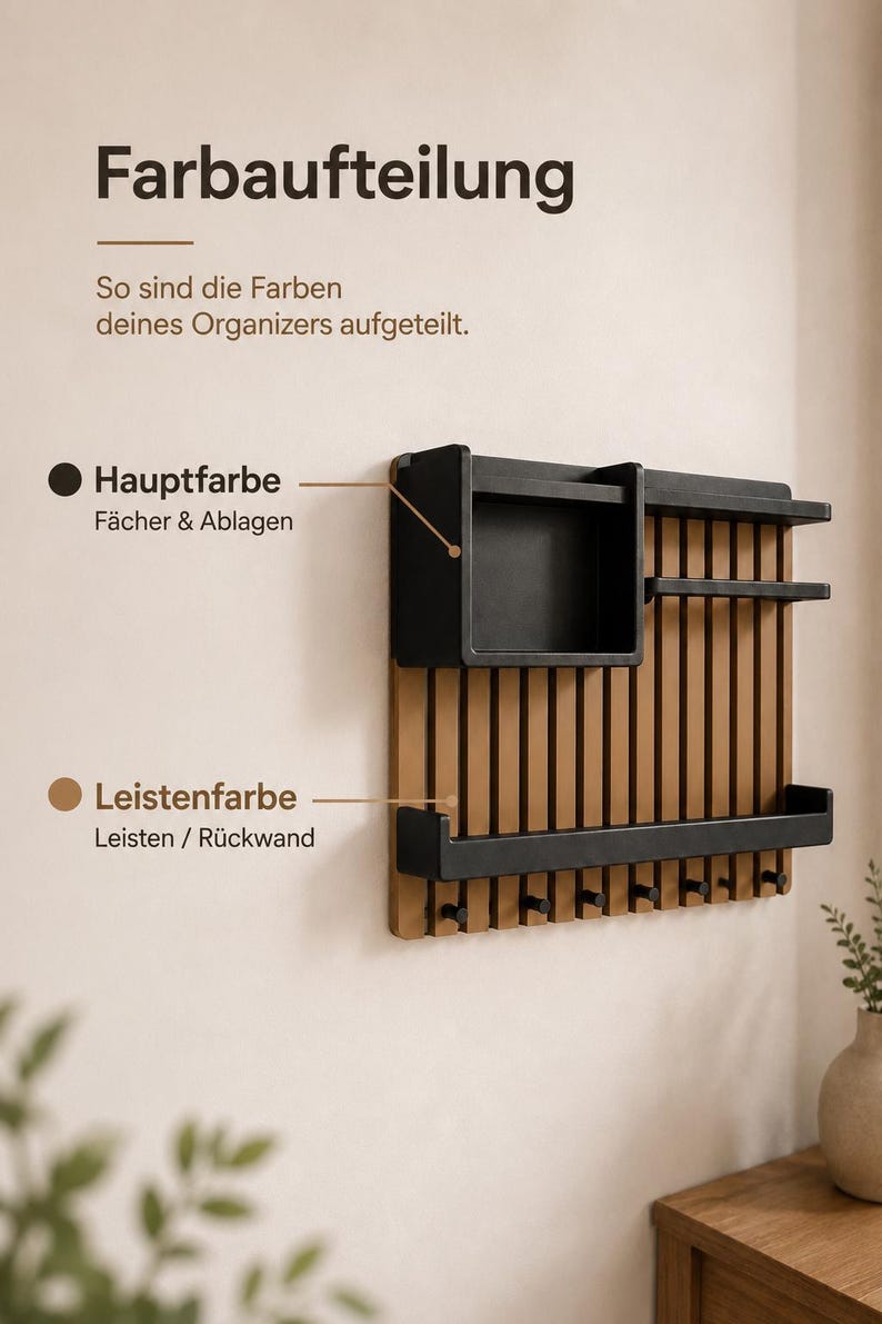 Modern wall organizer with key hooks, shelf, wallet compartment & sunglasses holder, gift, hallway organizer, key rack image 2