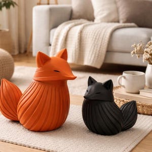 K&ouml;nnte beinhalten: Zwei dekorative Fuchsstatuen. Eine ist leuchtend orange, die andere schwarz. Beide haben ein stilisiertes Design mit geripptem K&ouml;rper und geschlossenen Augen. Sie stehen auf einer hellen, strukturierten Oberfl&auml;che.
