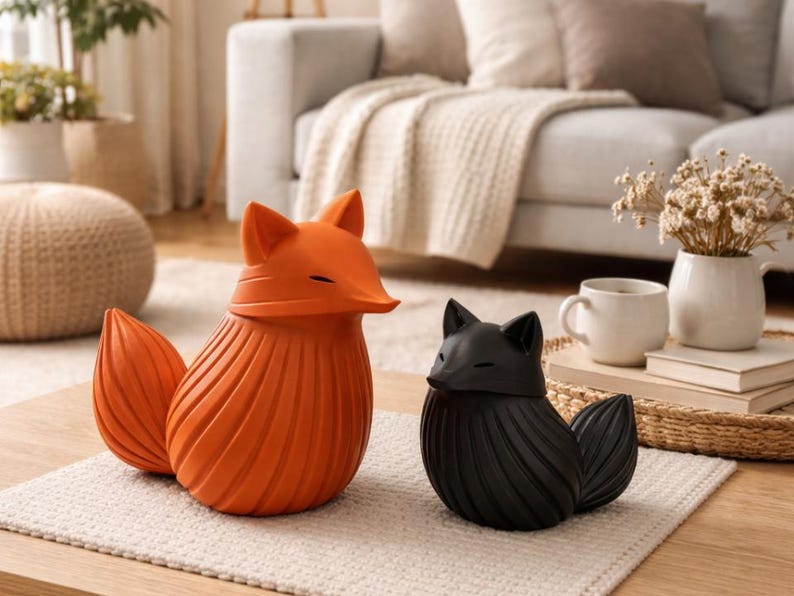 K&ouml;nnte beinhalten: Zwei dekorative Fuchsstatuen. Eine ist leuchtend orange, die andere schwarz. Beide haben ein stilisiertes Design mit geripptem K&ouml;rper und geschlossenen Augen. Sie stehen auf einer hellen, strukturierten Oberfl&auml;che.