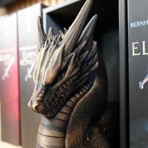 May include: A detailed bronze-colored dragon sculpture with textured scales and sharp horns. The dragon is positioned in front of a bookshelf with book titles visible. The books have a fantasy theme.