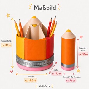 May include: A pencil-shaped desk organizer and a separate pencil-shaped container. The organizer has a total height of 14.2 cm, a width of 14.6 cm, and a depth of 14.6 cm. The smaller container has an inner height of 13.6 cm and a diameter of 5.6 cm.